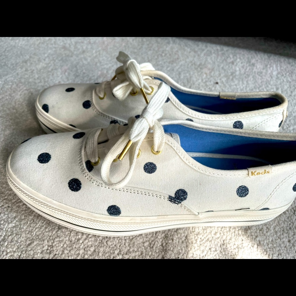 Adorable kate spade keds. White with navy blue glitter dots. Brand new